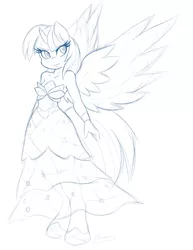 Size: 1280x1656 | Tagged: anthro, artist:ambris, blushing, canterlot boutique, clothes, derpibooru import, dress, monochrome, princess dress, safe, sketch, smiling, solo, spread wings, that was fast, twilight sparkle, twilight sparkle (alicorn), unguligrade anthro