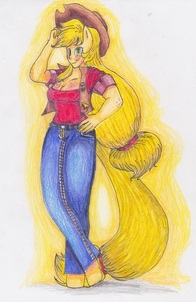 Size: 1995x3060 | Tagged: ambiguous facial structure, anthro, applejack, artist:dp360, clothes, derpibooru import, safe, solo, traditional art, unguligrade anthro