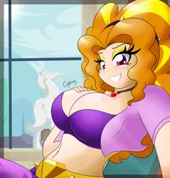 Size: 900x941 | Tagged: suggestive, artist:thebrokencog, derpibooru import, adagio dazzle, human, equestria girls, rainbow rocks, belly button, big breasts, breasts, busty adagio dazzle, cleavage, eyeshadow, female, gem, huge breasts, humanized, looking at you, makeup, midriff, selfie, siren gem, smiling, solo, solo female, stupid sexy adagio dazzle