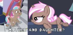 Size: 604x294 | Tagged: safe, derpibooru import, edit, edited screencap, screencap, brown sugar, peanut pastry, salmon skies, pony, unicorn, canterlot boutique, for whom the sweetie belle toils, 5-year-old, background pony, chubby, comparison, female, filly, foal, headcanon, mare, possible relation