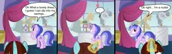 Size: 1800x572 | Tagged: safe, derpibooru import, edit, edited screencap, screencap, say cheese, sea swirl, seafoam, pony, unicorn, canterlot boutique, ..., background characters doing background things, background pony, clothes, comic, dress, female, glowing horn, horn, levitation, magic, magic aura, mare, money, nudity, practitioner of naturism, price tag, silly, sticker shock, telekinesis, we don't normally wear clothes