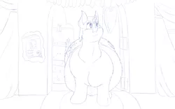 Size: 1920x1200 | Tagged: artist:jesseorange, belly, canterlot boutique, derpibooru import, fat, fluffy, incidental pony, monochrome, obese, safe, scene interpretation, sketch, solo, whoa nelly