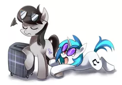 Size: 1001x702 | Tagged: safe, artist:sion-ara, derpibooru import, octavia melody, vinyl scratch, annoyed, eyes closed, female, frown, lesbian, luggage, open mouth, scratchtavia, shipping, suitcase