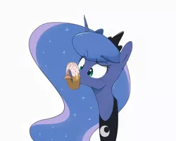 Size: 1280x1024 | Tagged: safe, artist:30clock, derpibooru import, princess luna, pony, :p, blushing, cross-eyed, cute, donut, donutsnootle, dork, horse problems, licking, lunabetes, portrait, raised eyebrow, silly, silly pony, simple background, solo, stuck, tongue out, white background, wide eyes
