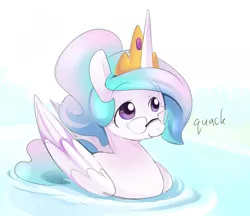 Size: 750x647 | Tagged: safe, artist:ende26, derpibooru import, princess celestia, alicorn, duck, duck pony, pony, alternate hairstyle, behaving like a bird, cute, cutelestia, ducklestia, ende will be the end of us, female, glasses, mare, quack, smiling, solo, swanlestia