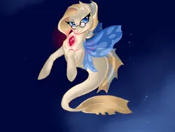 Size: 2048x1536 | Tagged: safe, artist:chickenwhite, derpibooru import, oc, oc:chickenwhite, unofficial characters only, hybrid, seapony (g4), siren, blue background, blue eyes, bubble, dorsal fin, eyelashes, fin wings, fish tail, flowing tail, gem, glasses, glow, image, jpeg, looking at you, ocean, simple background, solo, swimming, tail, underwater, water, wings