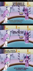 Size: 600x1290 | Tagged: safe, artist:deusexequus, derpibooru import, rarity, pony, unicorn, blushing, comic, eyes closed, facehoof, female, floppy ears, get, mare, name pun, open mouth, pun, raised hoof, spa, towel, water