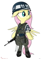 Size: 3000x4138 | Tagged: safe, artist:orang111, derpibooru import, fluttershy, pony, air force, bipedal, camouflage, daewoo k2, helmet, korean, military, military police, military uniform, solo
