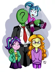 Size: 1808x2368 | Tagged: safe, artist:ponut_joe, derpibooru import, adagio dazzle, aria blaze, sonata dusk, oc, oc:anon, human, equestria girls, adoragio, adorkable, ariabetes, clothes, cute, despicable me, dork, family photo, female, glasses, hoodie, male, necktie, nerddagio, open mouth, pants, shirt, shoes, skirt, smiling, sonatabetes, suit, sweater, the dazzlings, younger