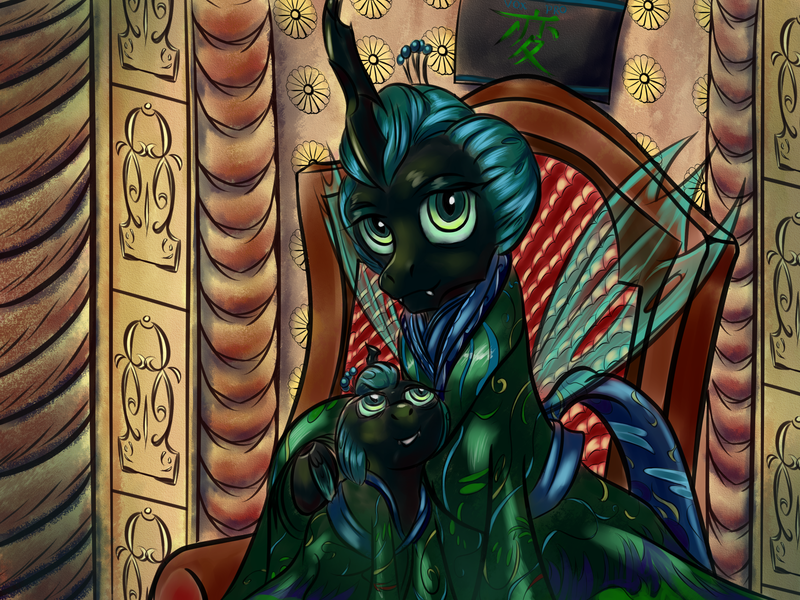 Size: 3200x2400 | Tagged: alternate hairstyle, alternate universe, artist:viwrastupr, changeling, derpibooru import, fanfic art, female, japanese, kimono (clothing), male, maternal instinct, mother and son, nihongami, oc, oc:pupa, offspring, parent:queen chrysalis, portrait, queen chrysalis, safe, throne, throne room