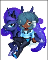 Size: 610x755 | Tagged: safe, artist:theanimefanz, derpibooru import, princess luna, alicorn, human, pony, gamer luna, clothes, dark skin, gaia online, headset, humanized, pants, pose, shirt, shoes, simple background, sitting, white background