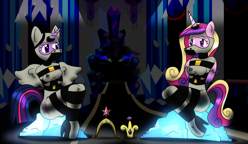 Size: 2904x1692 | Tagged: questionable, artist:fortum-flame, artist:ponyguy67, derpibooru import, king sombra, princess cadance, twilight sparkle, twilight sparkle (alicorn), alicorn, anthro, umbrum, unguligrade anthro, ballet boots, bondage, bound wings, breast bondage, breasts, collar, crystal empire, encasement, female, femsub, gag, high heels, hood, horn ring, magic suppression, mummyjacket, muzzle gag, remake, slave, sombra eyes, story included, straitjacket, straps, submissive