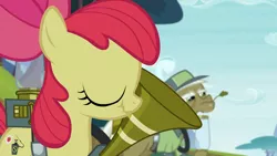 Size: 1920x1080 | Tagged: apple bloom, bloom and gloom, derpibooru import, max raid, pest control gear, pest control pony, safe, screencap, scrunchy face