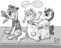 Size: 1706x1356 | Tagged: safe, artist:exedrus, derpibooru import, derpy hooves, moonlight raven, sunshine smiles, pegasus, pony, unicorn, canterlot boutique, cardboard box, female, hat, implied incest, implied shipping, magic, mailmare, mare, monochrome, moonlightsmiles, mouth hold, package, pun, quill, shipper on deck, shipping, shipping denied, sidewalk, sisters, sitting, speech bubble, tape, underhoof, visual pun