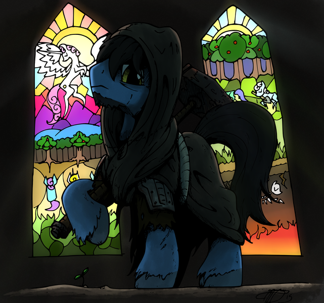 Size: 2309x2160 | Tagged: artist:brisineo, cathedral, cloak, clothes, derpibooru import, fallout equestria, fallout equestria: gardener, monk, oc, oc:gardener, plant, safe, shadows, sledgehammer, solo, stained glass, unofficial characters only