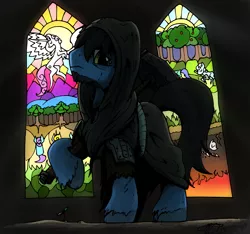 Size: 2309x2160 | Tagged: artist:brisineo, cathedral, cloak, clothes, derpibooru import, fallout equestria, fallout equestria: gardener, monk, oc, oc:gardener, plant, safe, shadows, sledgehammer, solo, stained glass, unofficial characters only