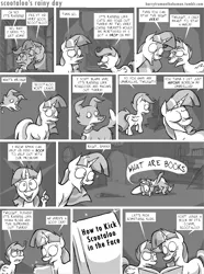 Size: 2422x3251 | Tagged: safe, artist:capnpea, derpibooru import, scootaloo, spike, twilight sparkle, winona, dragon, pegasus, pony, unicorn, book, comic, electric light orchestra, female, filly, hand, male, mare, missing cutie mark, monochrome, no pupils, rain, song reference, suddenly hands, twilight (song), umbrella, wat