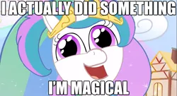 Size: 1279x697 | Tagged: safe, artist:piemations, derpibooru import, edit, screencap, princess celestia, alicorn, friendship is violence, adorkable, caption, cloud, crown, cute, derp, dork, funny, image macro, i'm magical, impact font, jewelry, meme, my little prick, open mouth, ponyville, regalia, shiny eyes, smiling, solo, text, youtube