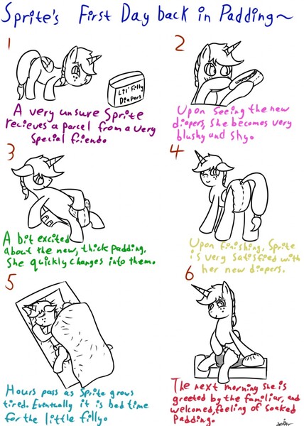 Size: 914x1280 | Tagged: questionable, artist:spritepony, derpibooru import, oc, oc:sprite, unofficial characters only, alicorn, pony, alicorn oc, bedwetting, comic, diaper, diaper fetish, diaper package, monochrome, pissing, traditional art, urine, wet diaper, wetting