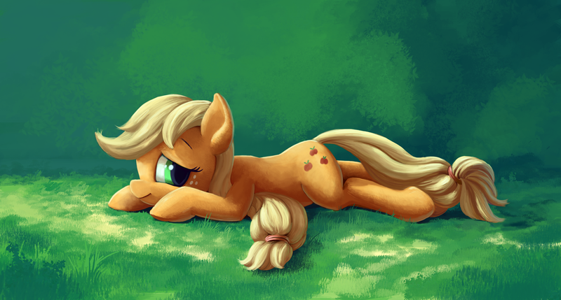Size: 1399x750 | Tagged: safe, artist:maggwai, derpibooru import, applejack, looking at you, lying down, solo