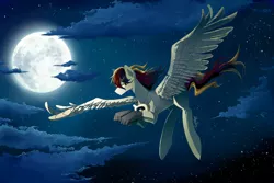 Size: 1300x869 | Tagged: artist:skyeypony, claws, derpibooru import, flying, full moon, hippogriff, looking at you, moon, night, night sky, oc, oc:silent flight, safe, sky, solo, spread wings, starry night, unofficial characters only, wings