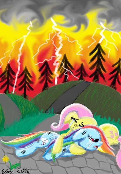 Size: 1172x1688 | Tagged: safe, artist:superdashiebros, derpibooru import, fluttershy, rainbow dash, crying, female, fire, flower, flutterdash, forest, forest fire, injured, lesbian, lightning, shipping, thunderstorm