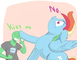 Size: 700x552 | Tagged: safe, artist:askcanadash, derpibooru import, rainbow dash, oc, oc:anon, human, pony, anon in equestria, anonymous, behaving like a cat, blushing, cute, dialogue, floppy ears, giant pony, grin, heart eyes, kiss me, macro, size difference, want it need it, wavy mouth, wingding eyes