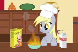 Size: 4500x3000 | Tagged: safe, artist:ohitison, derpibooru import, cheerilee, derpy hooves, pegasus, pony, bowl, cereal, cheerios, chef's hat, derpy being derpy, duo, female, fire, hat, high res, i just don't know what went wrong, mare, milk, parody, pimp hat, simpsons did it, solo, the simpsons, wat