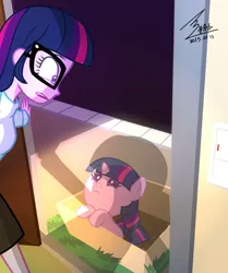 Size: 2972x3561 | Tagged: safe, artist:bluse, derpibooru import, sci-twi, twilight sparkle, pony, equestria girls, adoption, baby, baby pony, babylight sparkle, box, cardboard box, cute, filly, filly twilight sparkle, foal, glasses, human ponidox, looking at each other, my little twily, pony in a box, sad, self paradox, show accurate, signature, twiabetes, wide eyes