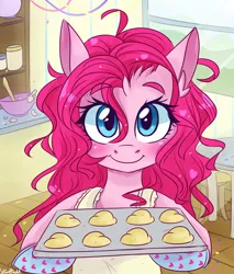 Size: 1700x2000 | Tagged: safe, artist:silbersternenlicht, derpibooru import, pinkie pie, earth pony, pony, alternate hairstyle, apron, blushing, clothes, cookie, cute, female, happy, heart, looking at you, mare, open mouth, oven mitts, smiling, solo