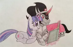 Size: 1906x1246 | Tagged: artist:squeakynoodle, derpibooru import, female, king sombra, male, reading, safe, shipping, straight, traditional art, twibra, twilight sparkle