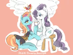 Size: 1000x750 | Tagged: safe, artist:wan, derpibooru import, rarity, sassy saddles, unicorn, canterlot boutique, bedroom eyes, chair, clothes, eye contact, eyeshadow, female, glasses, glowing horn, lesbian, looking at each other, magic, makeup, mug, rarisaddles, shipping, sitting, smiling, stool, tea