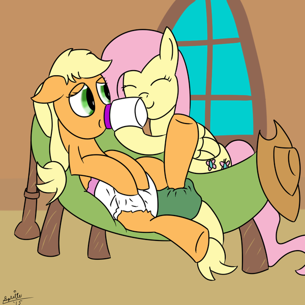 Size: 1000x1000 | Tagged: adult foal, applejack, artist:datspaniard, artist:spritepony, baby bottle, derpibooru import, diaper, diaper fetish, fluttershy, questionable