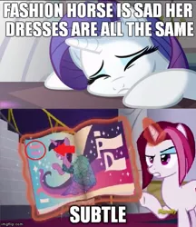 Size: 500x578 | Tagged: safe, derpibooru import, screencap, cayenne, rarity, twilight sparkle, twilight sparkle (alicorn), alicorn, pony, canterlot boutique, clothes, coincidence, discovery family logo, dress, equal sign, female, magazine, mare, pepper, princess dress, rules of rarity, text