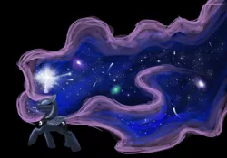 Size: 1000x700 | Tagged: safe, artist:joan-grace, derpibooru import, princess luna, alicorn, pony, black background, ethereal mane, eyes closed, female, galaxy mane, glowing horn, horn, image, magic, mare, peytral, png, simple background, solo