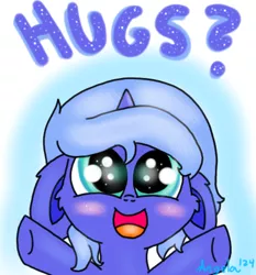 Size: 439x472 | Tagged: safe, artist:angela124, derpibooru import, princess luna, blushing, :d, filly, floppy ears, hug request, open mouth, solo, woona
