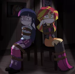 Size: 900x888 | Tagged: suggestive, artist:radiantrealm, derpibooru import, sunset shimmer, twilight sparkle, equestria girls, bondage, cloth gag, female, females only, femsub, gag, kidnapped, show accurate, show accurate porn, story in the source, submissive, subset, tied up