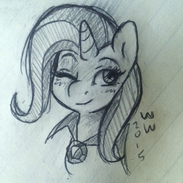 Size: 1280x1280 | Tagged: safe, artist:grayflower, derpibooru import, trixie, pony, unicorn, blushing, female, lined paper, mare, monochrome, one eye closed, smiling, solo, traditional art, wink