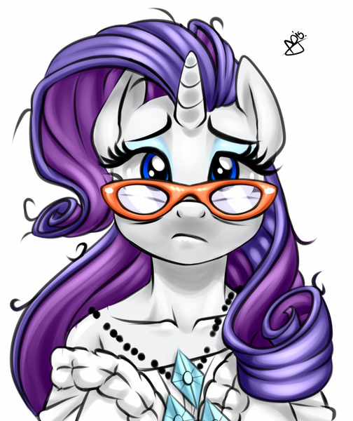 Size: 700x834 | Tagged: safe, artist:pia-sama, derpibooru import, rarity, anthro, unicorn, canterlot boutique, female, frown, glasses, looking at you, messy mane, necklace, scene interpretation, solo