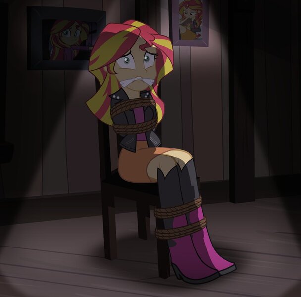 Size: 900x888 | Tagged: questionable, artist:radiantrealm, derpibooru import, sunset shimmer, equestria girls, bondage, chair, cleave gag, femsub, show accurate, show accurate porn, solo, submissive, subset