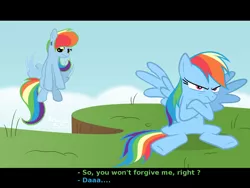 Size: 1600x1200 | Tagged: angry, artist:arceus55, derpibooru import, dialogue, fake screencap, not rainbow dash, oc, oc:rainbow bearer, rainbow dash, safe, subtitles