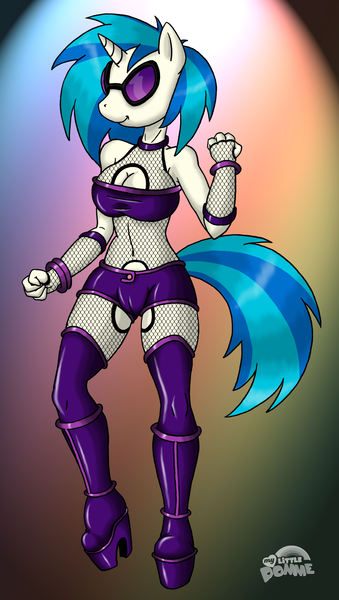 Size: 1300x2304 | Tagged: anthro, artist:darkcobalt86, belly button, bracelet, breasts, busty vinyl scratch, cameltoe, cleavage, derpibooru import, dominatrix, female, fishnets, high heel boots, high heels, latex, midriff, nudity, platform shoes, questionable, smiling, solo, solo female, sunglasses, thigh boots, vinyl scratch
