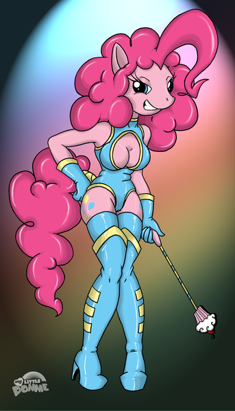 Size: 1339x2345 | Tagged: anthro, artist:darkcobalt86, breasts, busty pinkie pie, cameltoe, cleavage, derpibooru import, dominatrix, female, high heel boots, high heels, latex, looking at you, pinkie pie, questionable, riding crop, smiling, solo, solo female, tail wrap, thigh boots
