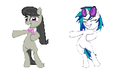 Size: 500x295 | Tagged: safe, artist:coconeru, artist:kanashiipanda, derpibooru import, octavia melody, vinyl scratch, pony, animated, bipedal, dancing, eyes closed, grin, looking at you, simple background, smiling, transparent background, youtube link