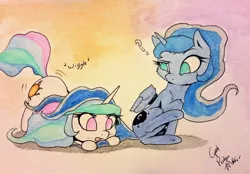 Size: 2343x1631 | Tagged: safe, artist:captainpudgemuffin, derpibooru import, princess celestia, princess luna, alicorn, pony, :p, behaving like a cat, butt shake, cewestia, cheek fluff, chibi, confused, cute, cutelestia, empty eyes, face down ass up, female, filly, fluffy, gradient background, leg fluff, looking at something, looking back, lunabetes, no catchlights, no pupils, plot, question mark, raised eyebrow, shoulder fluff, silly, sitting, tongue out, traditional art, underhoof, wiggle, wing fluff, woona, younger