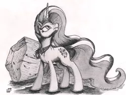 Size: 1841x1389 | Tagged: safe, artist:graboiidz, derpibooru import, nightmare rarity, rarity, tom, pony, unicorn, female, graphite drawing, grayscale, ink, looking up, mare, monochrome, solo, traditional art