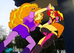 Size: 1214x865 | Tagged: safe, artist:alloyrabbit, artist:tonystorm12, derpibooru import, edit, adagio dazzle, sunset shimmer, equestria girls, amulet, black underwear, boots, clean, clothes, colored, equestria girls in real life, face to face, fight, necklace, panties, signature, skirt, underwear, upskirt