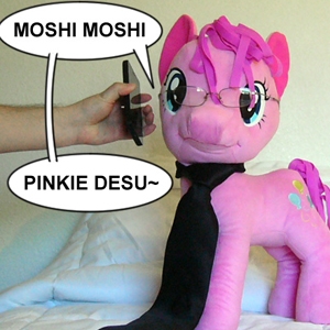 Size: 300x300 | Tagged: artist:adenyne, derpibooru import, glasses, irl, mobile phone, moshi moshi, necktie, phone, photo, pinkie pie, plushie, safe, smartphone