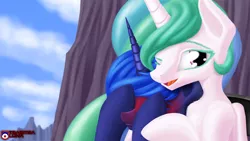 Size: 1920x1080 | Tagged: safe, artist:tsaritsaluna, derpibooru import, princess celestia, princess luna, alicorn, pony, blushing, canterlot, chest fluff, cliff, covering eyes, embarrassed, hug, princess, sisters, talking, wink