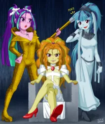 Size: 852x1000 | Tagged: suggestive, artist:uotapo, derpibooru import, adagio dazzle, aria blaze, sonata dusk, vampire, equestria girls, adoragio, ariabetes, blushing, breasts, busty aria blaze, busty sonata dusk, cleavage, clothes, cosplay, costume, crossed legs, cute, delicious flat chest, diva plavalaguna, dress, fangs, female, females only, flatdagio dazzle, gem, high heels, leeloo, looking at you, nail polish, open mouth, poking, reference, ruby rhod, siren gem, sonatabetes, the dazzlings, the fifth element, throne, uotapo is trying to murder us